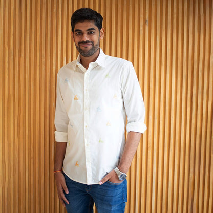 White Cotton Shirt with Mini Sailboats Embroidery – Men Shirt on Brown Living™. SKU: NANMS001EMB053 - S39. Img 1.
