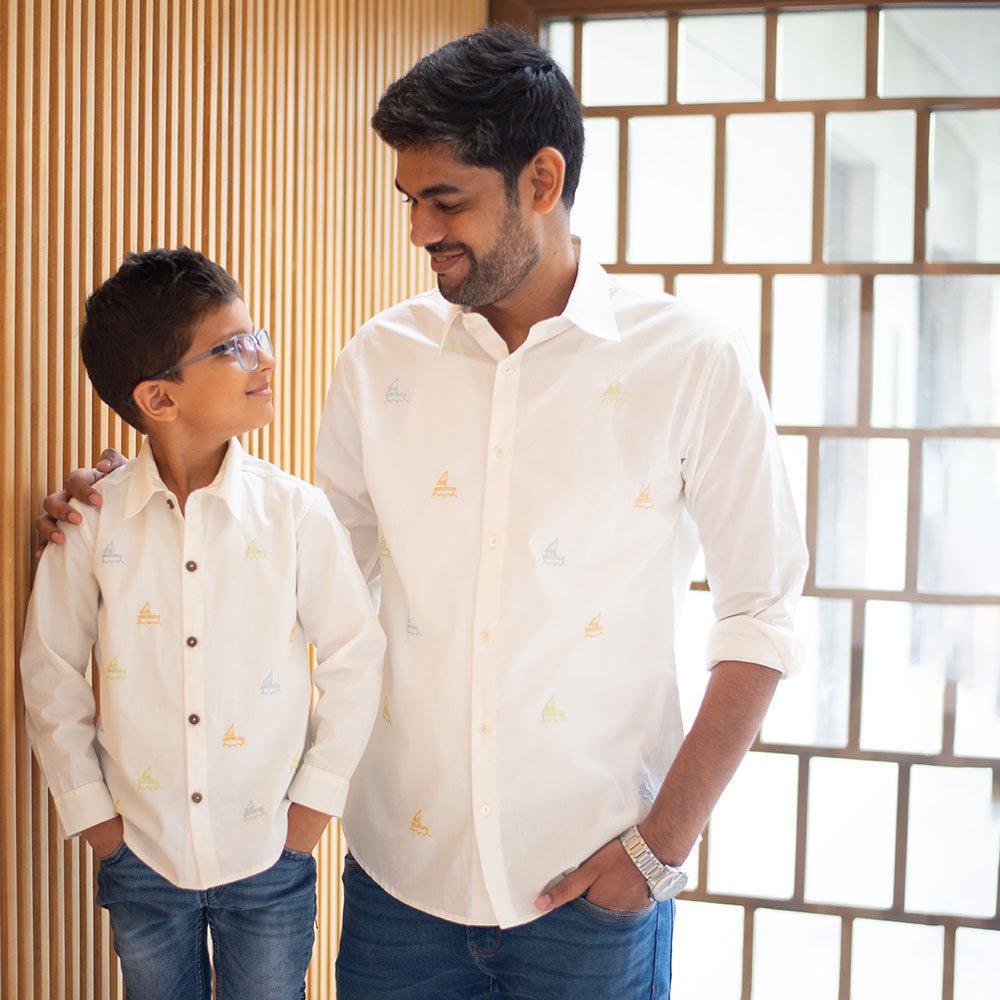 White Cotton Shirt with Mini Sailboats Embroidery – Men Shirt on Brown Living™. SKU: NANMS001EMB053 - S39. Img 4.