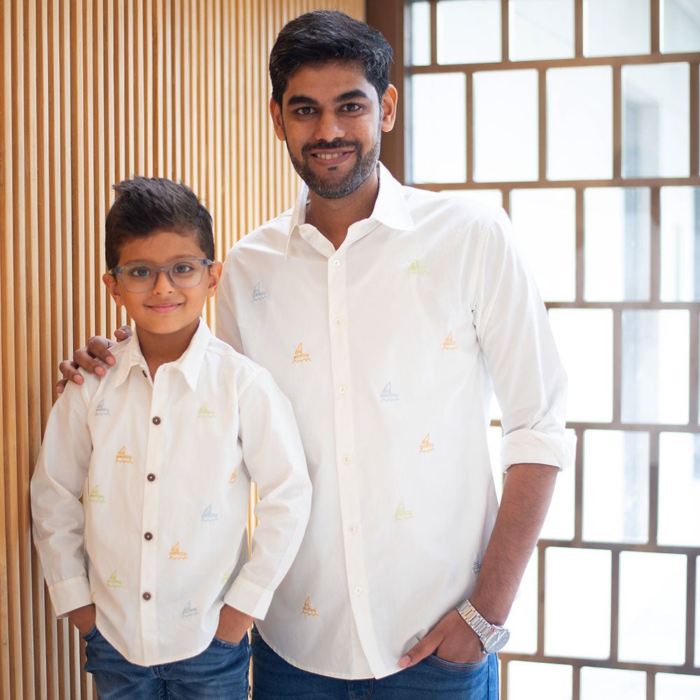 White Cotton Shirt with Mini Sailboats Embroidery – Men Shirt on Brown Living™. SKU: NANMS001EMB053 - S39. Img 3.