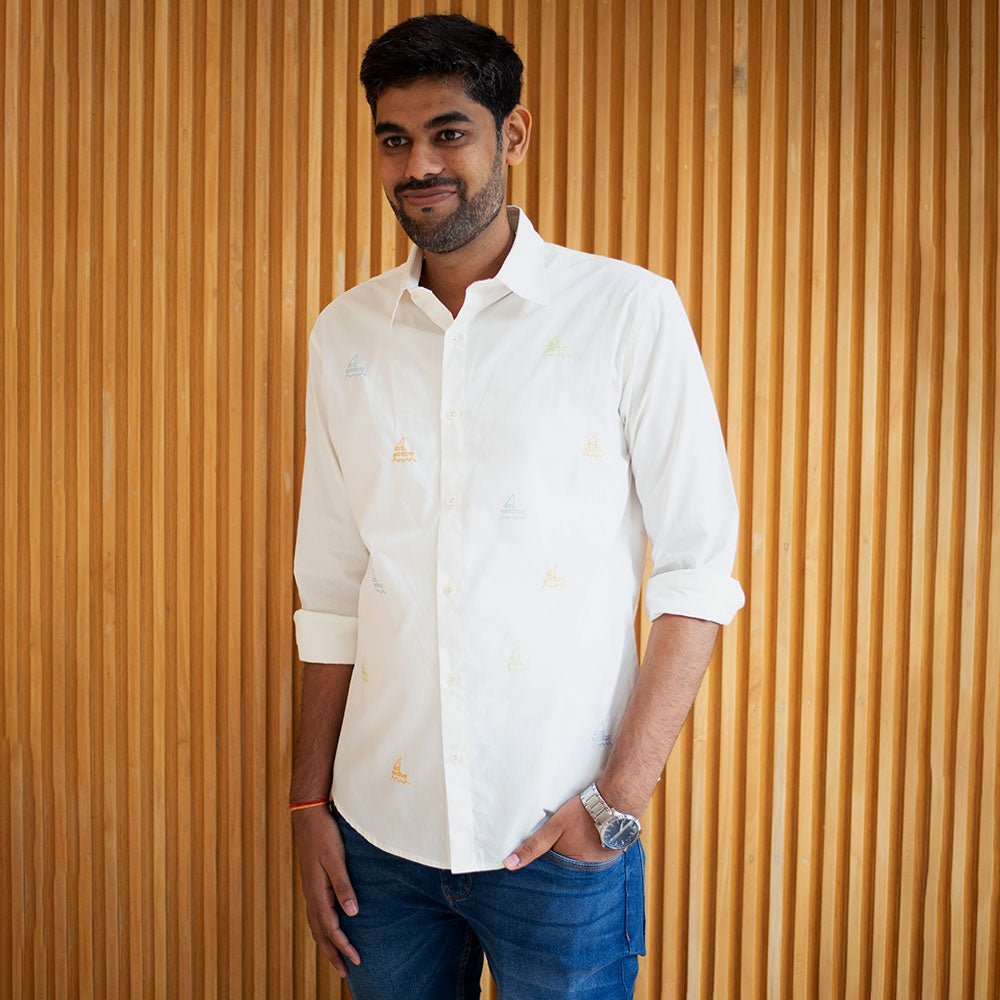 White Cotton Shirt with Mini Sailboats Embroidery – Men Shirt on Brown Living™. SKU: NANMS001EMB053 - S39. Img 2.