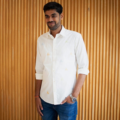White Cotton Shirt with Mini Sailboats Embroidery – Men Shirt on Brown Living™. SKU: NANMS001EMB053 - S39. Img 2.