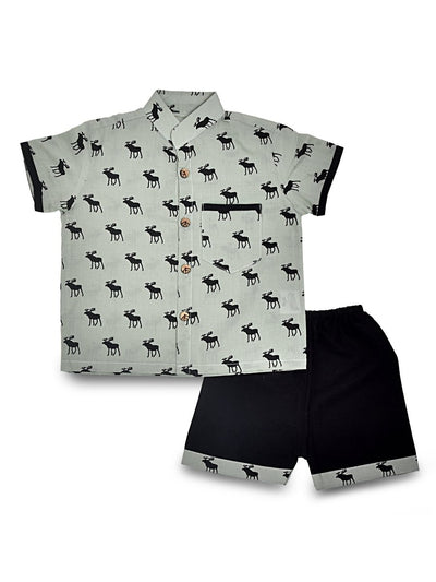 White Cotton Tiger Design Hand Block Baby Shirt Pant Set – Kids Daywear Sets by Stotra available on Brown Living™. Large (6 - 12 M) Grey - Reindeer Print. SKU: ST - COMBO - REN - L. Img 6.