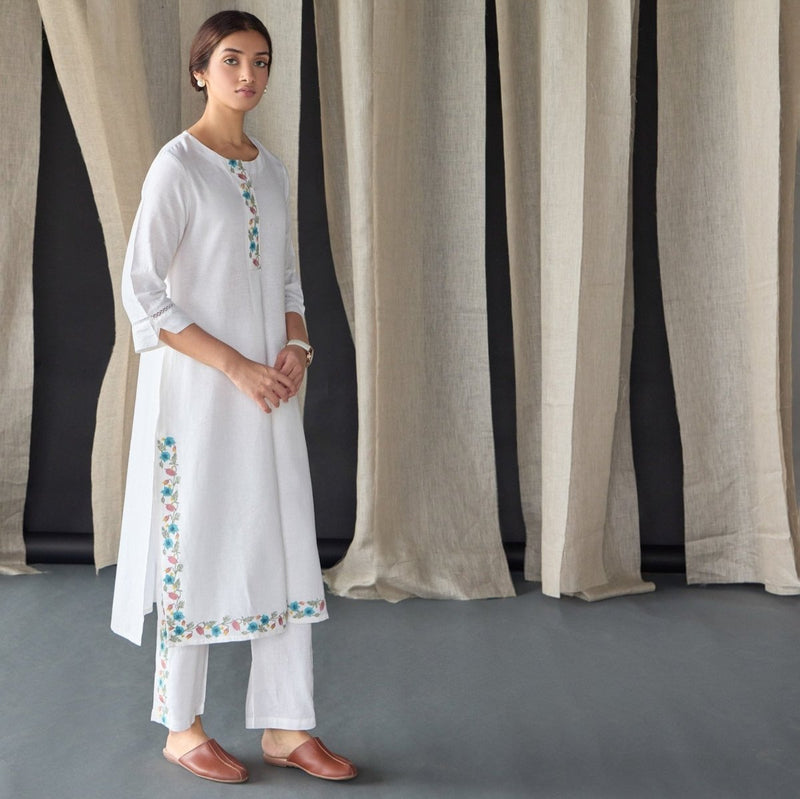 White Floral Embroidered Kurta Set | Verified Sustainable by Brown Living™