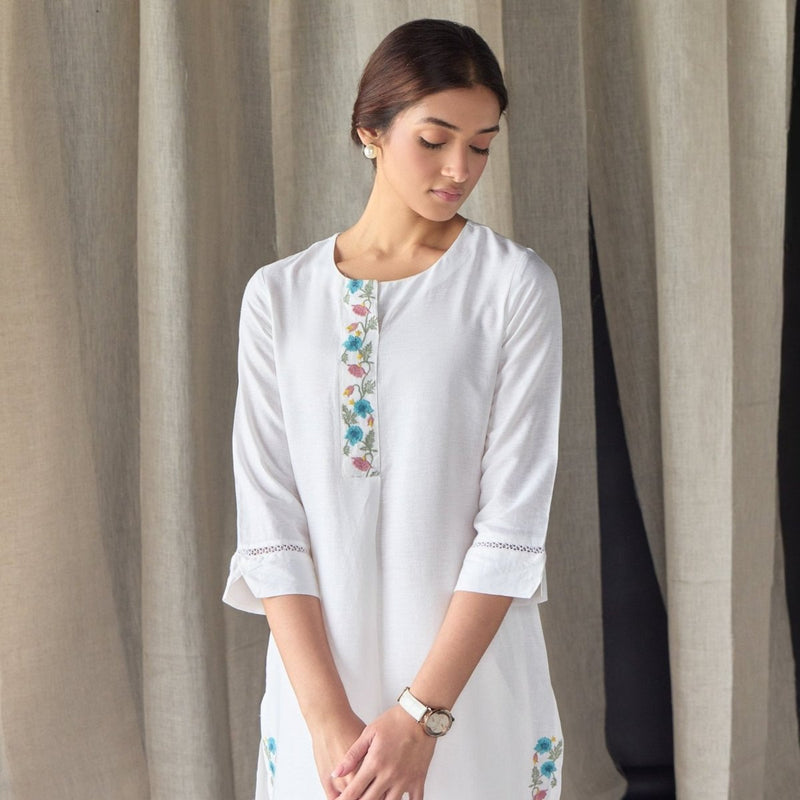 White Floral Embroidered Kurta Set | Verified Sustainable by Brown Living™