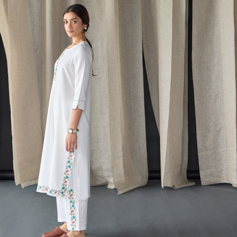 White Floral Embroidered Kurta Set | Verified Sustainable by Brown Living™