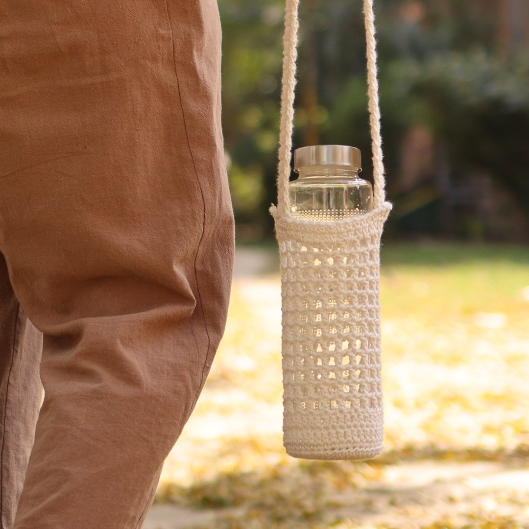 White Handmade Crochet Sling Bottle Cover | Verified Sustainable by Brown Living™