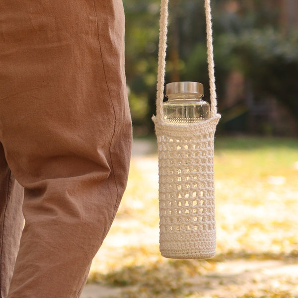 White Handmade Crochet Sling Bottle Cover | Verified Sustainable Bottles & Sippers on Brown Living™