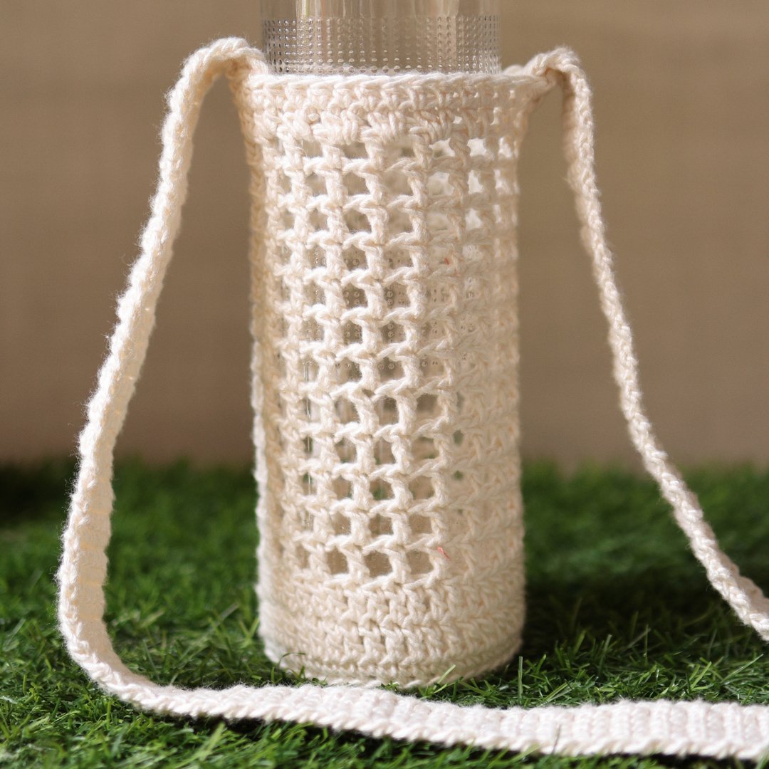 White Handmade Crochet Sling Bottle Cover | Verified Sustainable by Brown Living™