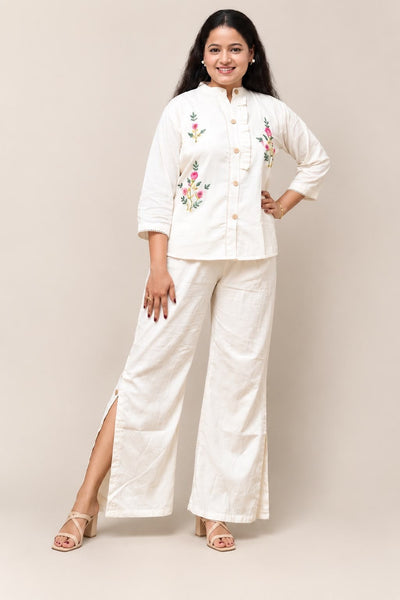 White Khadi Cotton Side-Slit Palazzo Pants | Wide Leg Trousers – Womens Pant on Brown Living™. SKU: PANT-BUTTON. Img 2.