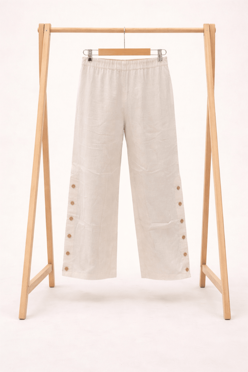 White Khadi Cotton Side-Slit Palazzo Pants | Wide Leg Trousers – Womens Pant on Brown Living™. SKU: PANT-BUTTON. Img 1.