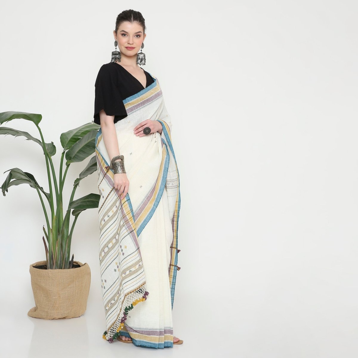 White Linen Bhujodi saree – Womens Saree by Forsarees available on Brown Living™. . SKU: K - 1027. Img 2.