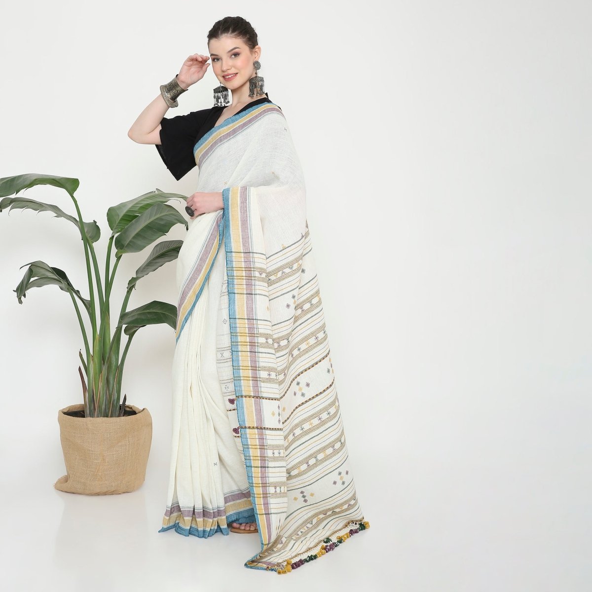 White Linen Bhujodi saree – Womens Saree by Forsarees available on Brown Living™. . SKU: K - 1027. Img 1.