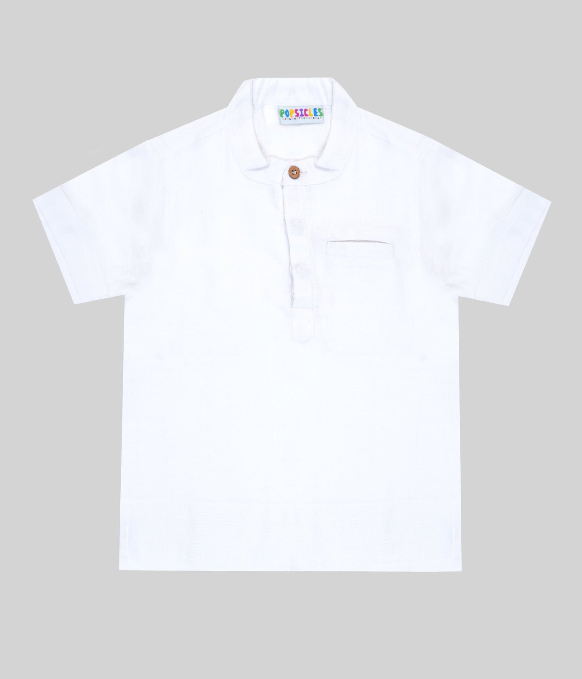 White Linen Chinese Collar Shirt | Breathable Minimal Kids Wear – Kids Shirts on Brown Living™. SKU: PB245_1. Img 1.