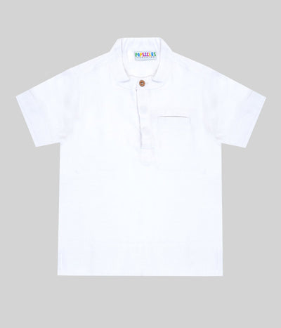 White Linen Chinese Collar Shirt | Breathable Minimal Kids Wear – Kids Shirts on Brown Living™. SKU: PB245_1. Img 1.