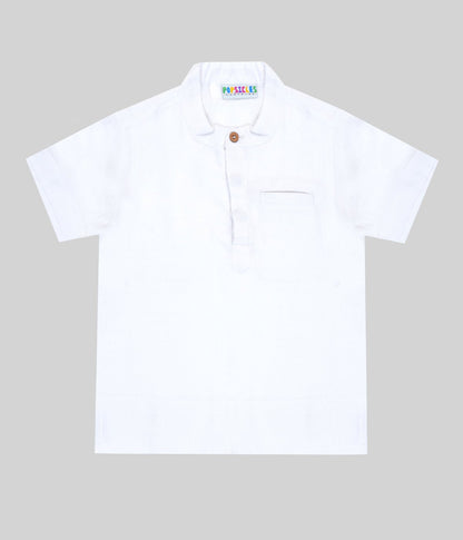 White Linen Chinese Collar Shirt | Breathable Minimal Kids Wear – Kids Shirts on Brown Living™. SKU: PB245_1. Img 1.