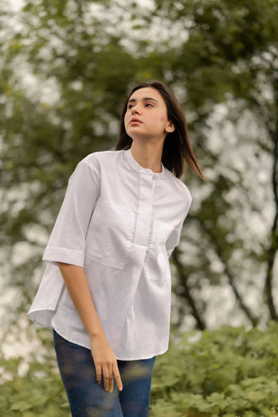 White Minimal Top | Elegant Everyday Women’s Minimalist Cotton Top – Womens Top on Brown Living™. SKU: ANTWMWFS. Img 5.