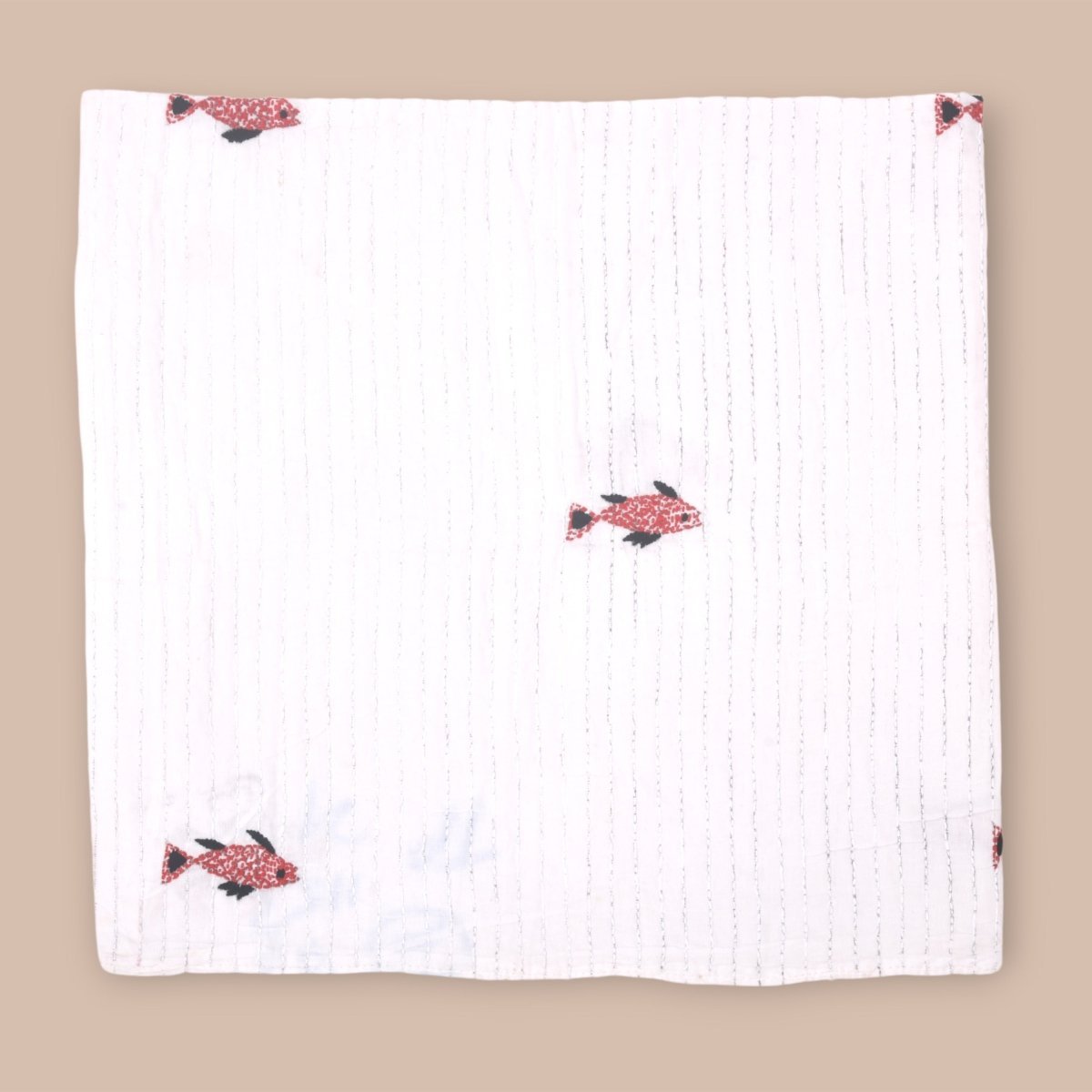 White Mulmul Fish Design Hand Embroidered Baby Nakshi Kantha – Baby Swaddle on Brown Living™. SKU: STRNAKFIS09-REDBLACK. Img 10.