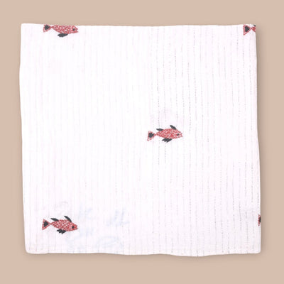 White Mulmul Fish Design Hand Embroidered Baby Nakshi Kantha – Baby Swaddle on Brown Living™. SKU: STRNAKFIS09-REDBLACK. Img 10.