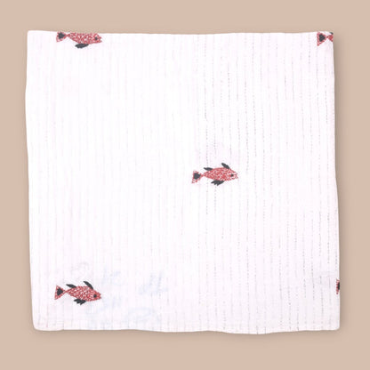 White Mulmul Fish Design Hand Embroidered Baby Nakshi Kantha – Baby Swaddle on Brown Living™. SKU: STRNAKFIS09-REDBLACK. Img 10.