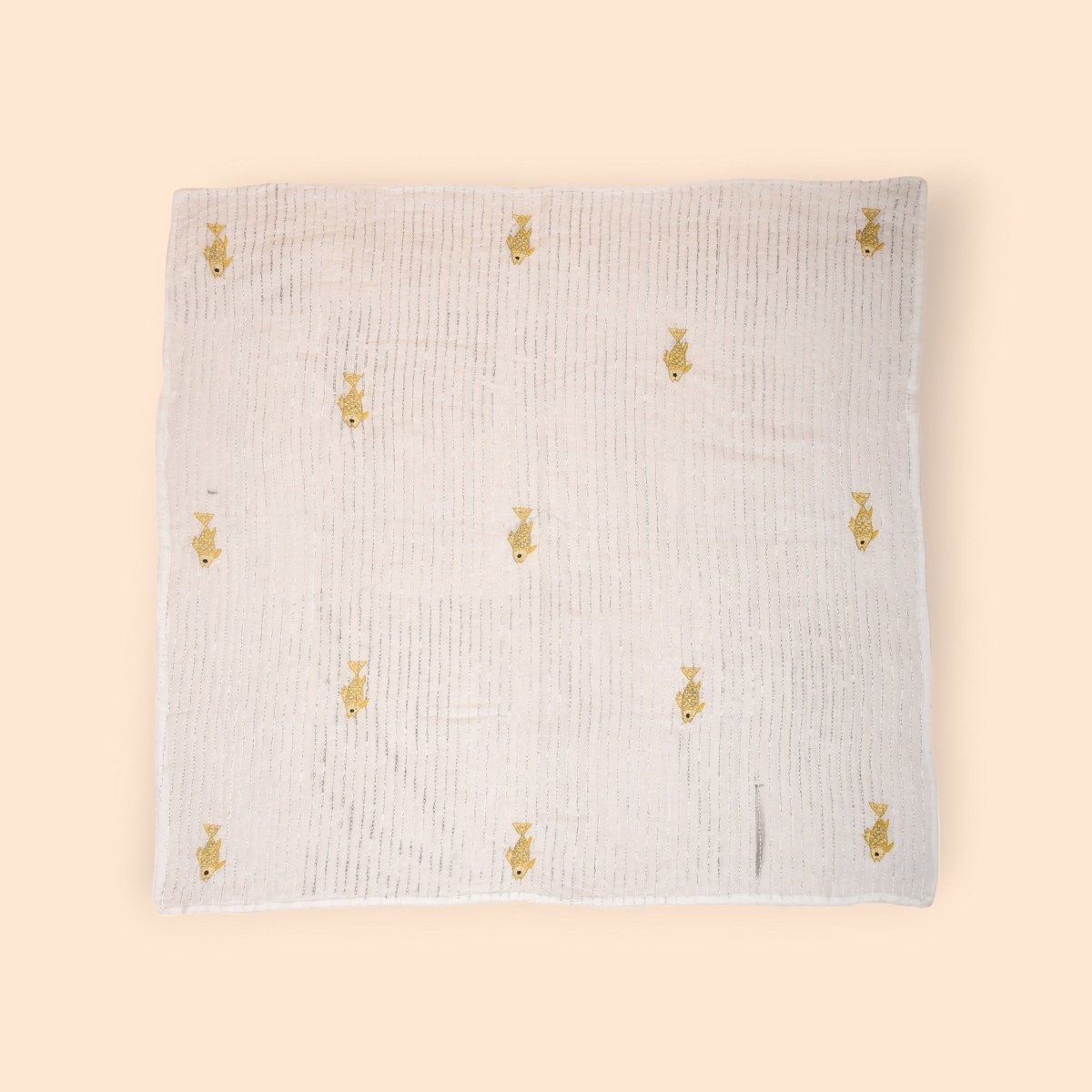 White Mulmul Fish Design Hand Embroidered Baby Nakshi Kantha – Baby Swaddle on Brown Living™. SKU: STRNAKFIS09-YELLOW. Img 11.