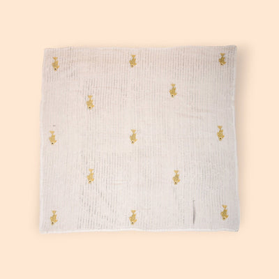 White Mulmul Fish Design Hand Embroidered Baby Nakshi Kantha – Baby Swaddle on Brown Living™. SKU: STRNAKFIS09-YELLOW. Img 11.