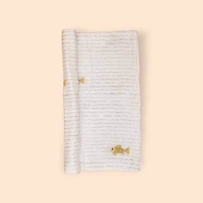 White Mulmul Fish Design Hand Embroidered Baby Nakshi Kantha – Baby Swaddle on Brown Living™. SKU: STRNAKFIS09-YELLOW. Img 14.
