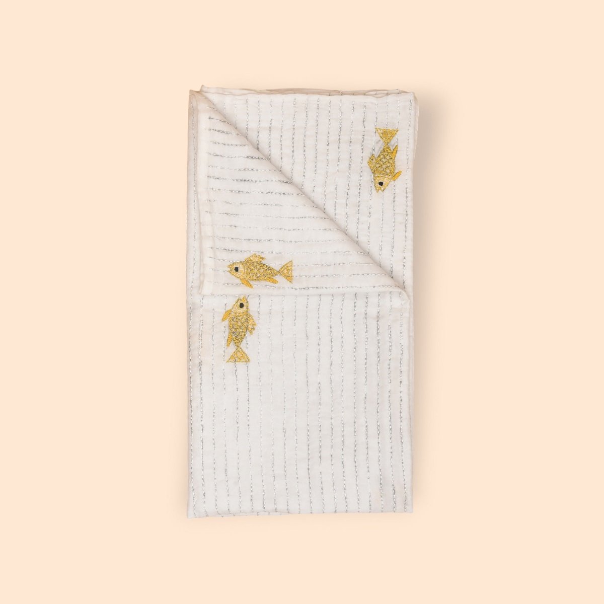White Mulmul Fish Design Hand Embroidered Baby Nakshi Kantha – Baby Swaddle on Brown Living™. SKU: STRNAKFIS09-YELLOW. Img 12.