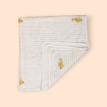 White Mulmul Fish Design Hand Embroidered Baby Nakshi Kantha – Baby Swaddle on Brown Living™. SKU: STRNAKFIS09-YELLOW. Img 16.