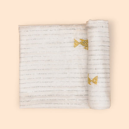 White Mulmul Fish Design Hand Embroidered Baby Nakshi Kantha – Baby Swaddle on Brown Living™. SKU: STRNAKFIS09-YELLOW. Img 13.