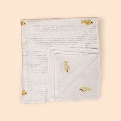 White Mulmul Fish Design Hand Embroidered Baby Nakshi Kantha – Baby Swaddle on Brown Living™. SKU: STRNAKFIS09-YELLOW. Img 15.