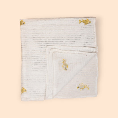 White Mulmul Fish Design Hand Embroidered Baby Nakshi Kantha – Baby Swaddle on Brown Living™. SKU: STRNAKFIS09-YELLOW. Img 15.