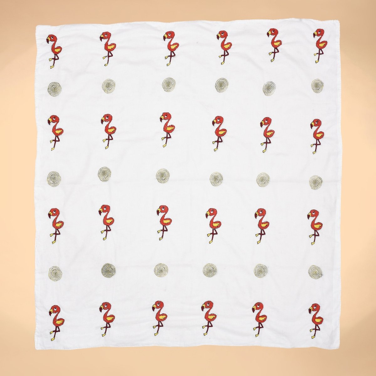 White Mulmul Hand Embroidered Baby Nakshi Kantha – Baby Swaddle by Stotra available on Brown Living™. Flamingo . SKU: ST - MUL - KAN - FLAMINGO - 02. Img 4.