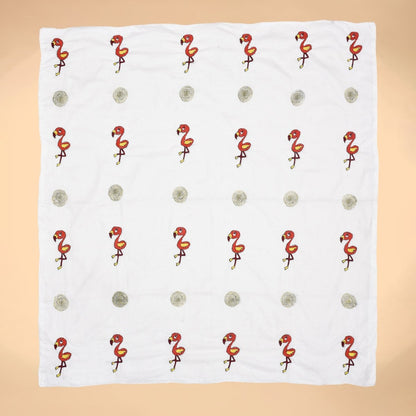 White Mulmul Hand Embroidered Baby Nakshi Kantha – Baby Swaddle by Stotra available on Brown Living™. Flamingo . SKU: ST - MUL - KAN - FLAMINGO - 02. Img 4.