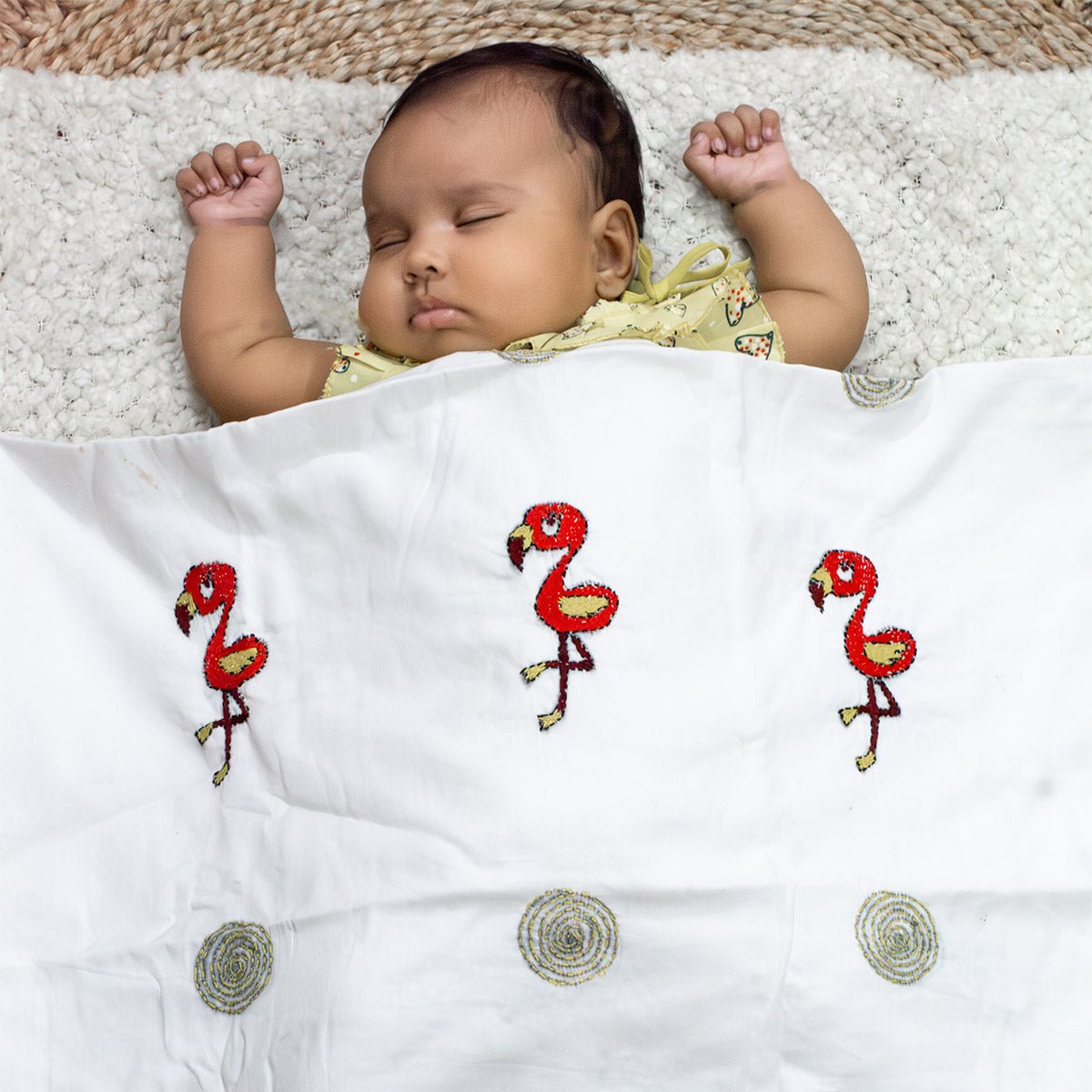 White Mulmul Hand Embroidered Baby Nakshi Kantha(Owl/ Flamingo Design) – Baby Swaddle on Brown Living™. SKU: ST-MUL-KAN-FLAMINGO-02. Img 4.