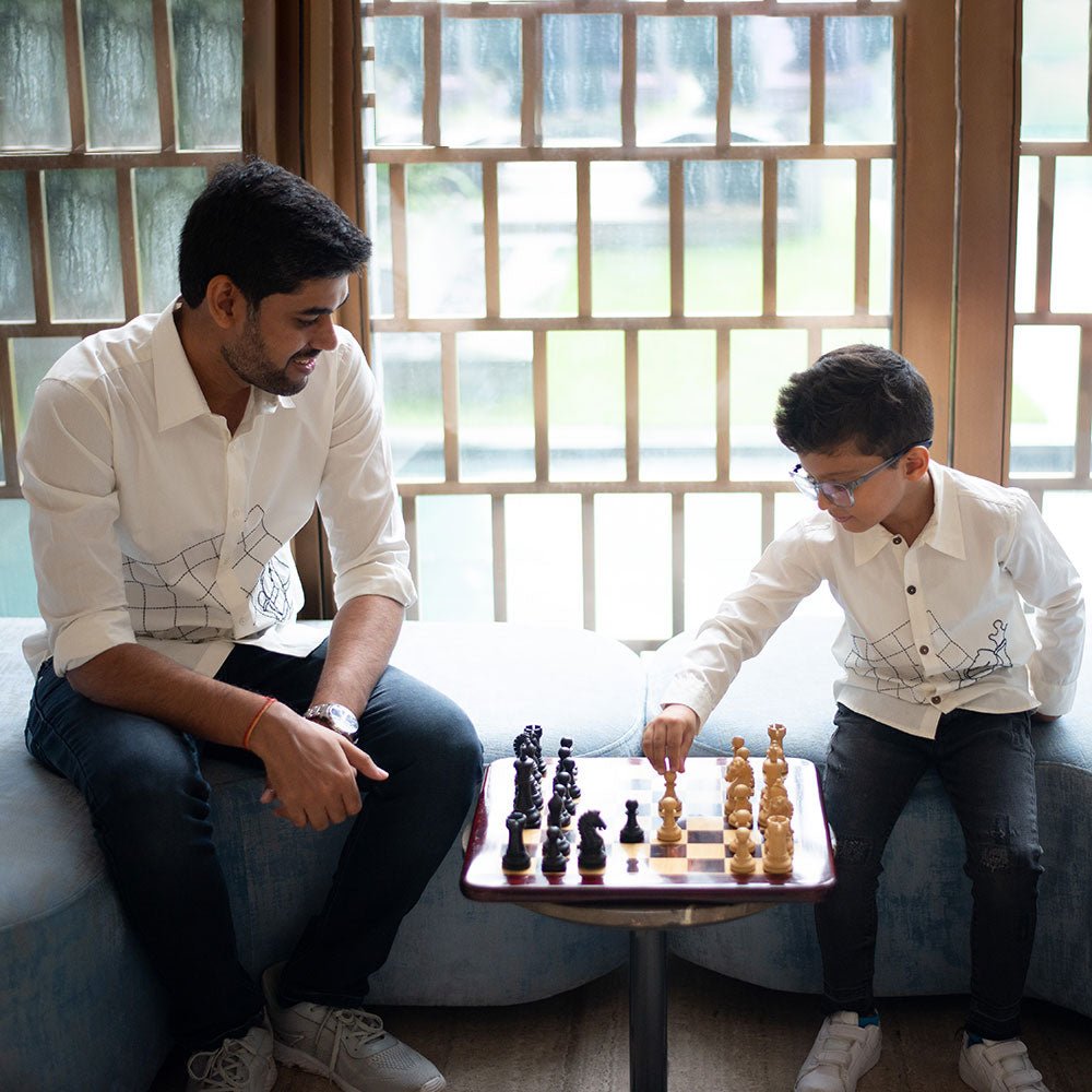 White Organic Cotton Shirt with Chess Embroidery – Men Shirt on Brown Living™. SKU: NANMS001EMB051 - S39. Img 4.