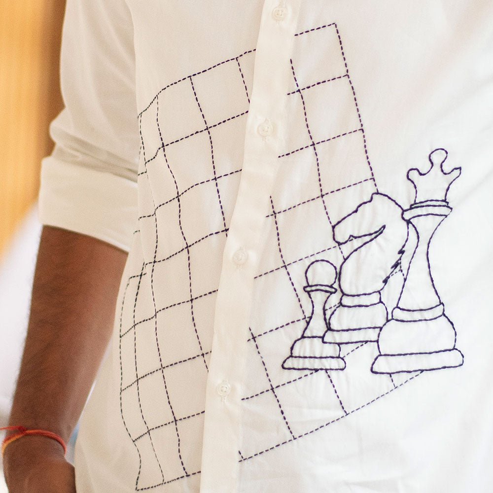 White Organic Cotton Shirt with Chess Embroidery – Men Shirt on Brown Living™. SKU: NANMS001EMB051 - S39. Img 2.