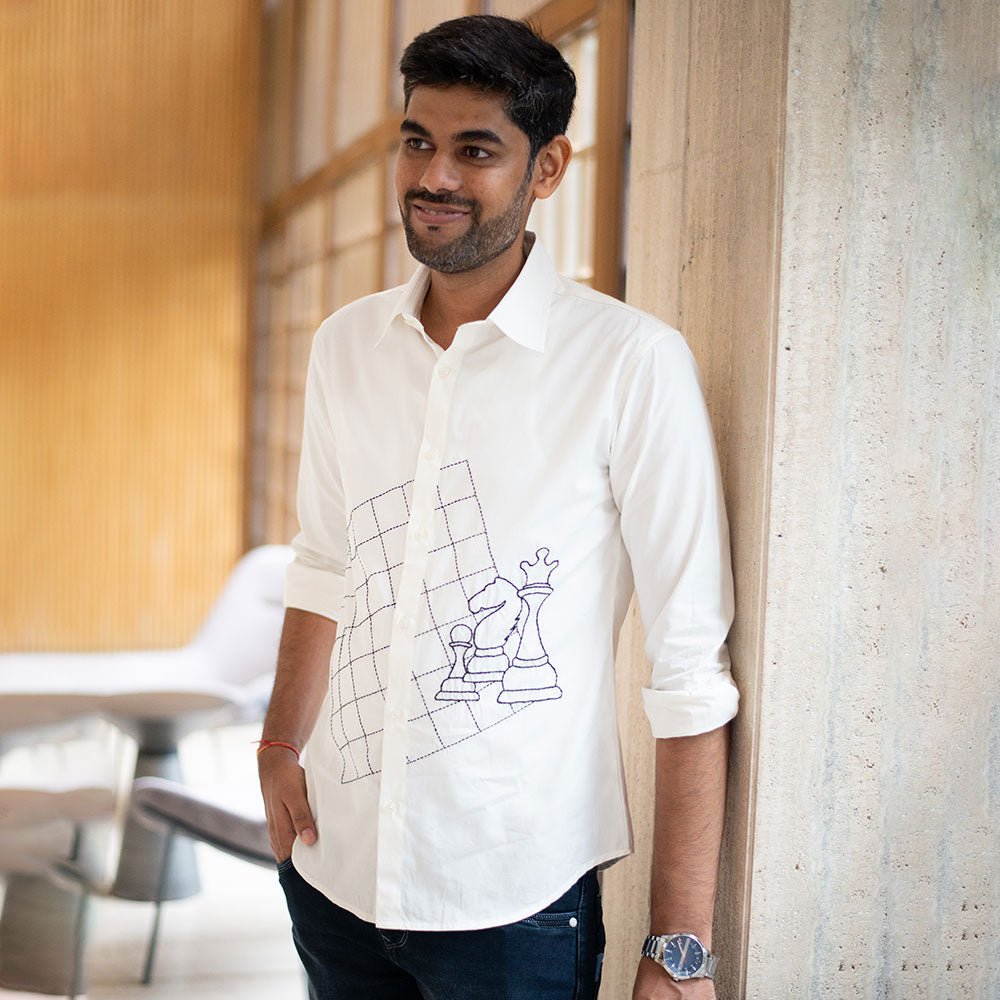 White Organic Cotton Shirt with Chess Embroidery – Men Shirt on Brown Living™. SKU: NANMS001EMB051 - S39. Img 3.
