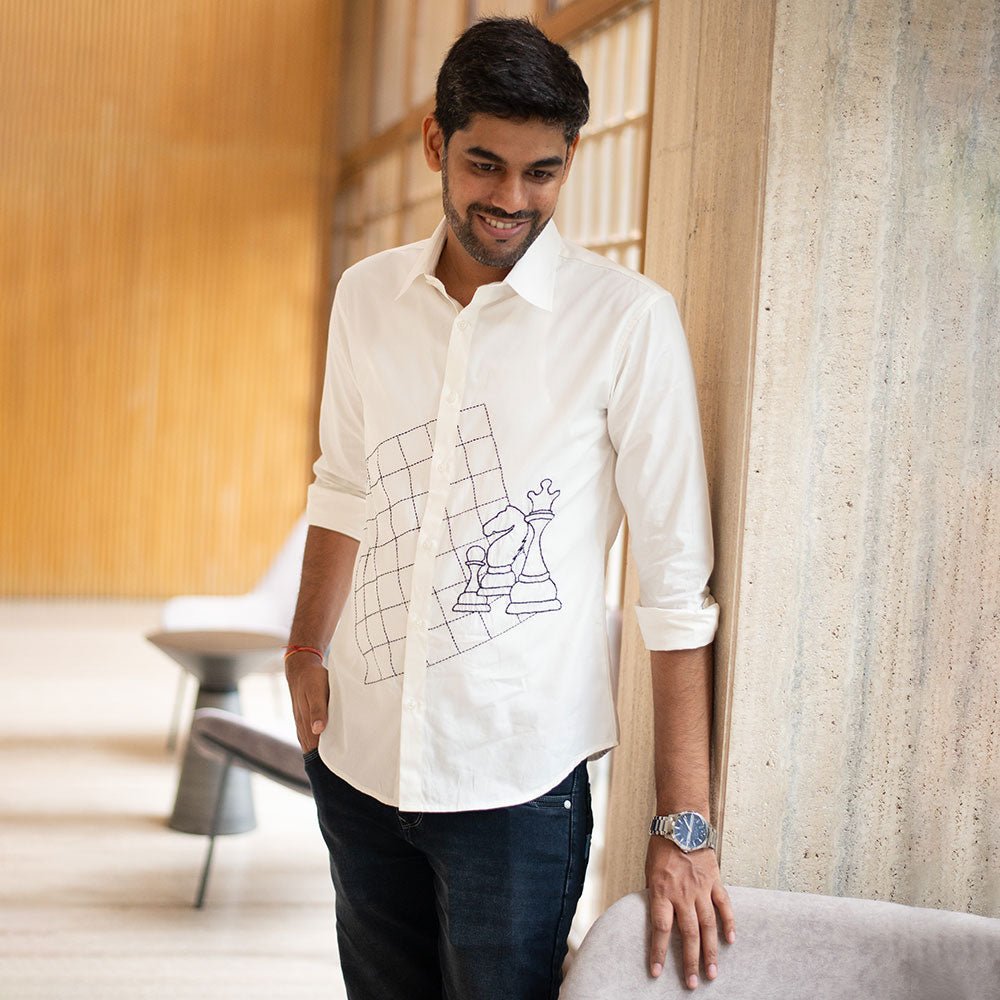 White Organic Cotton Shirt with Chess Embroidery – Men Shirt on Brown Living™. SKU: NANMS001EMB051 - S39. Img 1.
