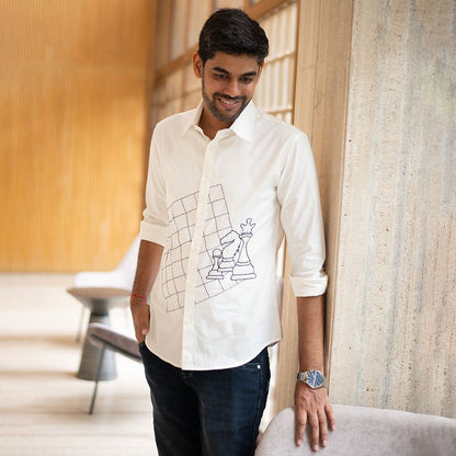 White Organic Cotton Shirt with Chess Embroidery – Men Shirt on Brown Living™. SKU: NANMS001EMB051 - S39. Img 1.