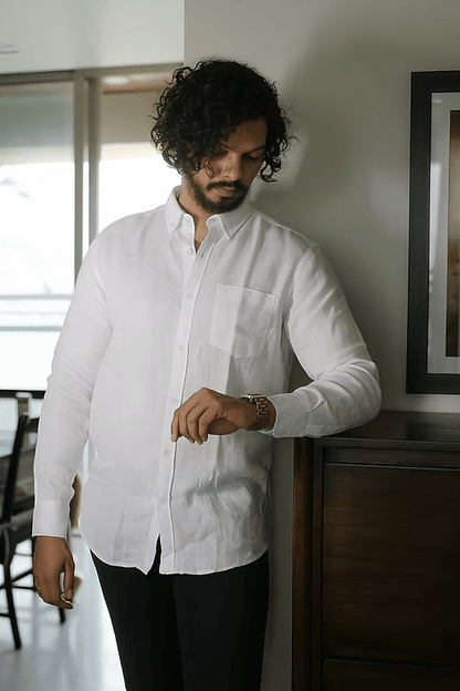 White Pure Linen Long - Sleeve Shirt | Lightweight & Breathable – Men Shirt on Brown Living™. SKU: ANTPLLSSWM. Img 1.
