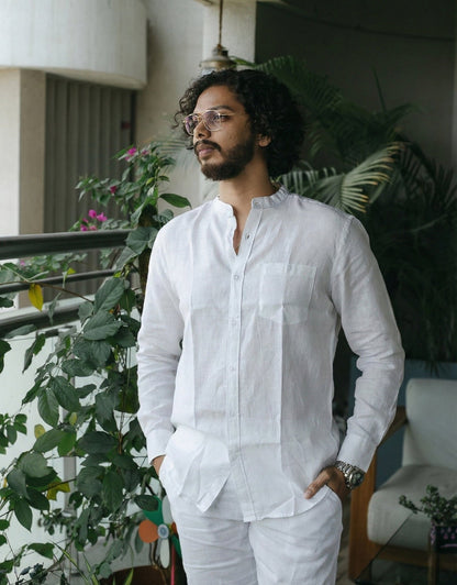 White Pure Linen Mandarin Long - Sleeve Shirt | Breathable Casual Wear – Men Shirt on Brown Living™. SKU: ANTPLMLSSWS. Img 1.