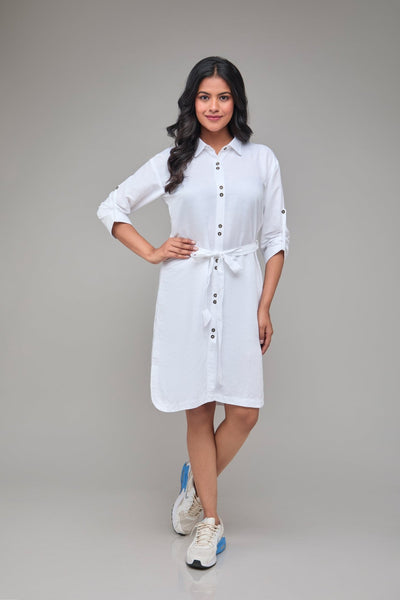 White Three Quarter Sleeve Hemp Shirt Dress For Women – Womens Dress on Brown Living™. SKU: GD07-WHITE-S. Img 1.