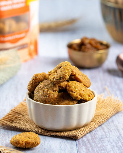 Whole Wheat Methi Mathri – Crispy, Savoury Indian Snack – Healthy Snacks on Brown Living™. SKU: NN_05. Img 2.