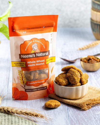 Whole Wheat Methi Mathri – Crispy, Savoury Indian Snack – Healthy Snacks on Brown Living™. SKU: NN_05. Img 1.