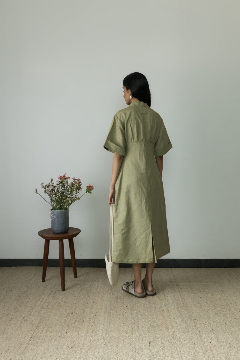 Wide Sleeve Collared Cotton Midi | Verified Sustainable Womens Dress on Brown Living™