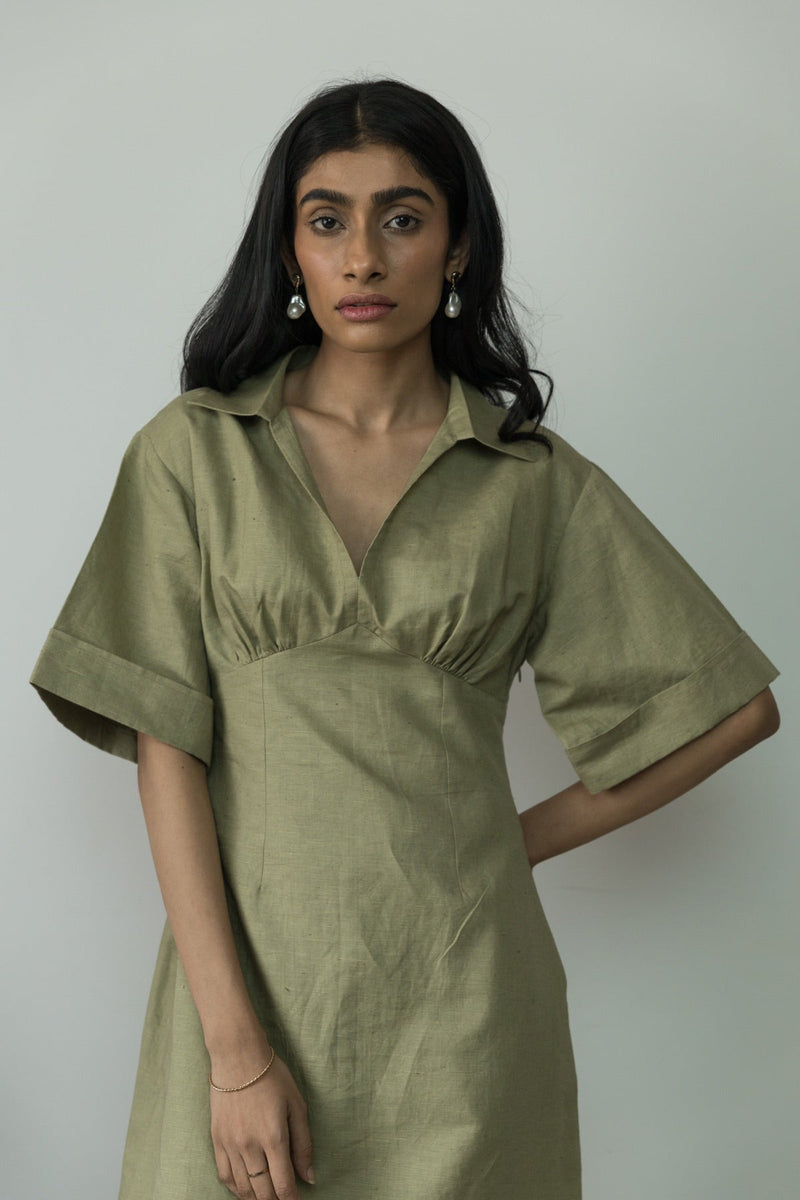 Wide Sleeve Collared Cotton Midi | Verified Sustainable Womens Dress on Brown Living™