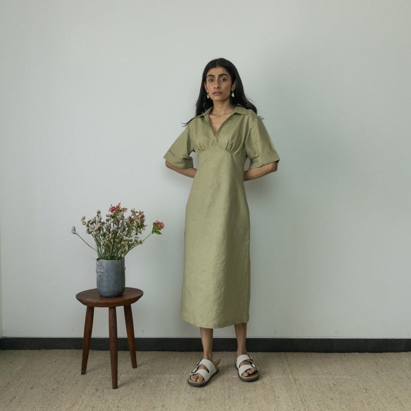 Wide Sleeve Collared Cotton Midi | Verified Sustainable Womens Dress on Brown Living™