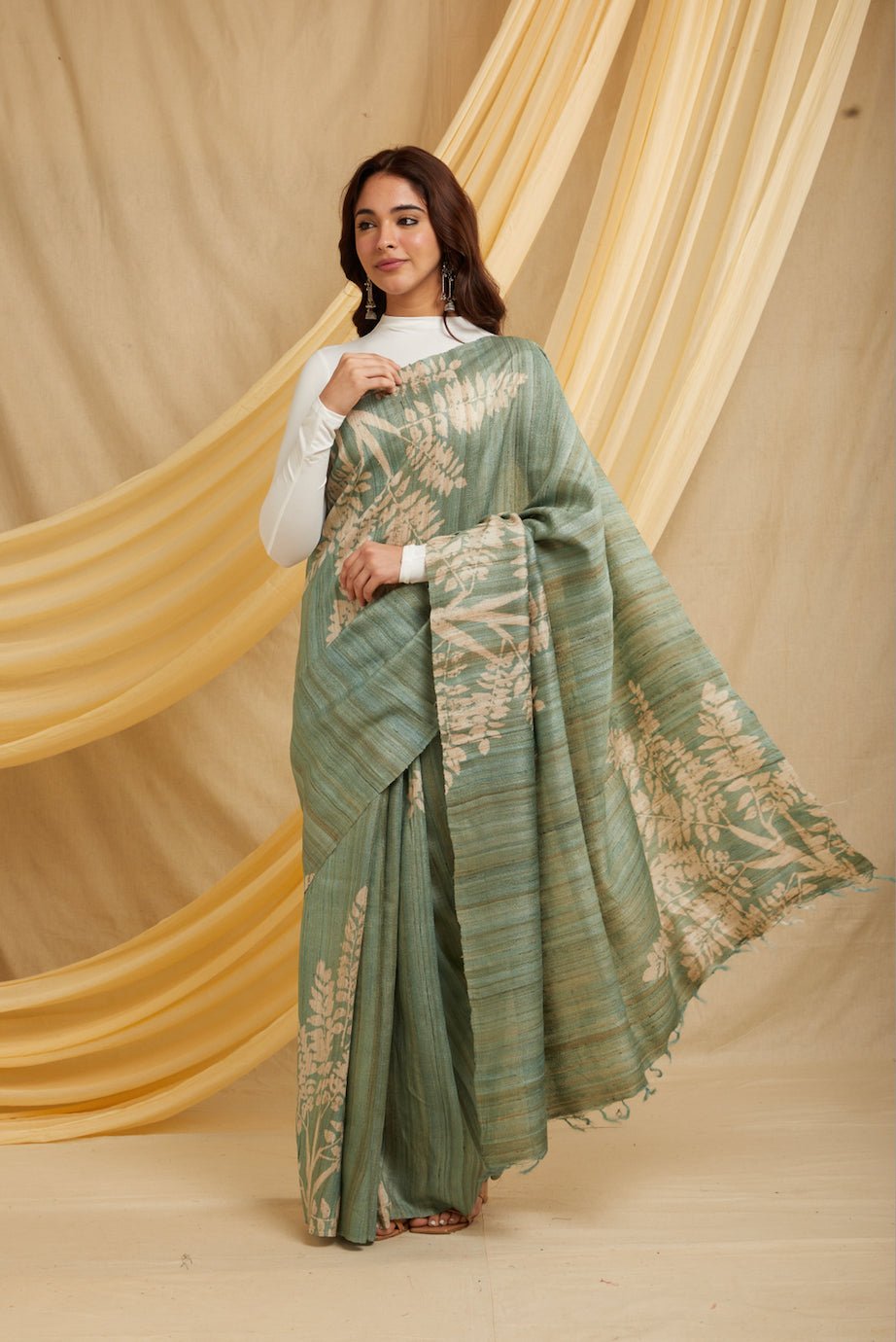 Willow Ahimsa 100% Natural Ahimsa Tussar Peace Silk Saree – Womens Saree on Brown Living™. SKU: NAESA16. Img 1.