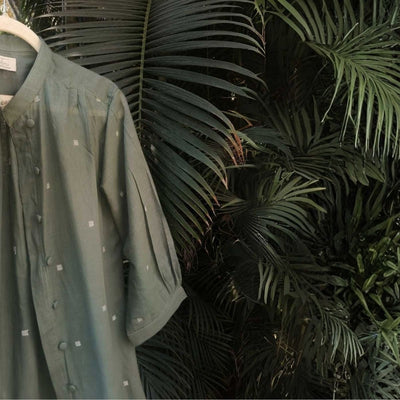 Willow Long Shirt in Jamdani Cotton Olive Green – Womens Jacket on Brown Living™. SKU: JDS6022-XS. Img 3.