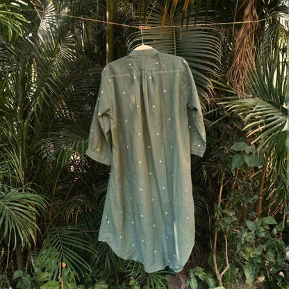 Willow Long Shirt in Jamdani Cotton Olive Green – Womens Jacket on Brown Living™. SKU: JDS6022-XS. Img 5.